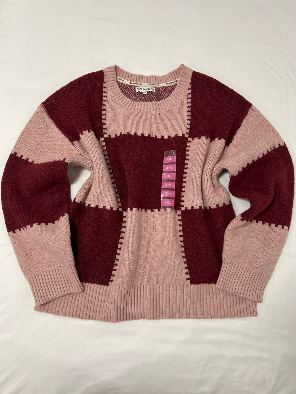 NWT Bearpaw Pink & Burgundy Checkerboard Crew Sweater Size XXL